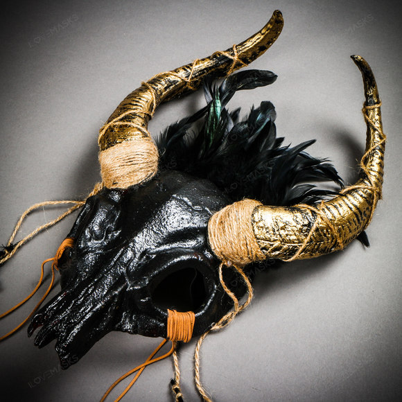Antelope Devil Gold Horns Animal Skull Ghost Masquerade Mask - Black - Picture 4 of 10